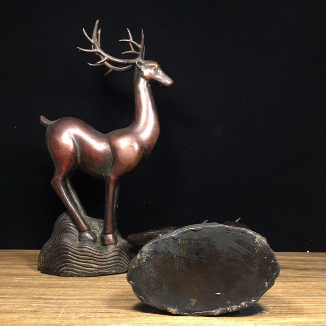 Art Deco Solid Copper Pair of Lucky Wealth Deer (Zhaocai Lu) - Heavy Bronze Deer Figurines With Antlers For Sale - Image 3 of 9