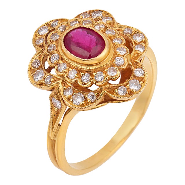 French Vintage Ruby Diamond 18k Yellow Gold Ring, Size 6.25 For Sale