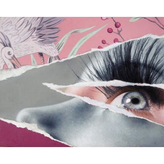 RemixD-3 (Rose) by Grant Gilsdorf | Oil on ACM Eye with eyelashes and birds in a torn paper effect For Sale