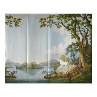 36" * H96" * 4ps, Hand-Painted Vintage American Unicorn Classical Landscape Painting Mural, Retro Pastoral Scenic Wall Covering For Sale
