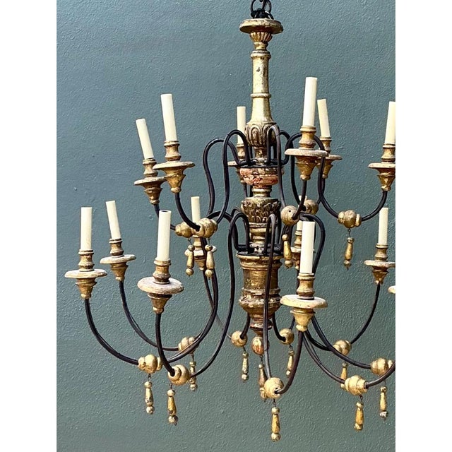 Vintage Gilt Wood and Metal Twelve-Light Chandelier For Sale In West Palm - Image 6 of 12