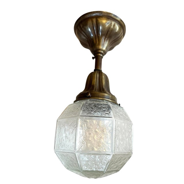 1920s American Sheffield Holder Flush Pendants With Geometric Original Glass Shades - Pair For Sale - Image 4 of 5