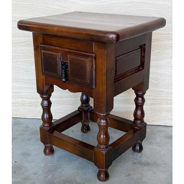 20th century pair of Brutalist Spanish nightstands with carved drawer and iron hardware Beautiful tables that you can use...