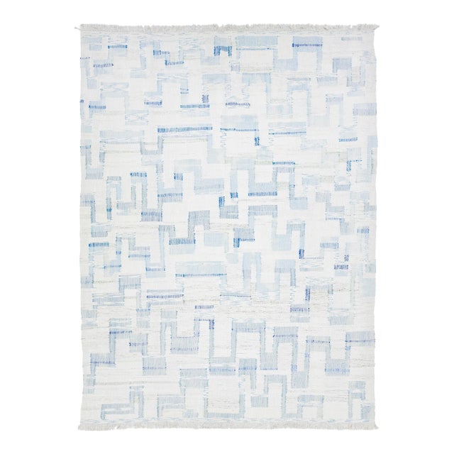 Contemporary Abstract Kilim Flatweave Wool Rug in Ivory and Blue For Sale