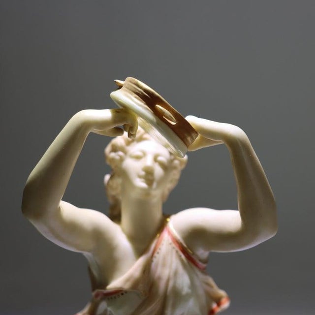 Antique English Royal Worcester Porcelain Figure of Classical Woman & Tambourine in Countryside Setting, Signed &...