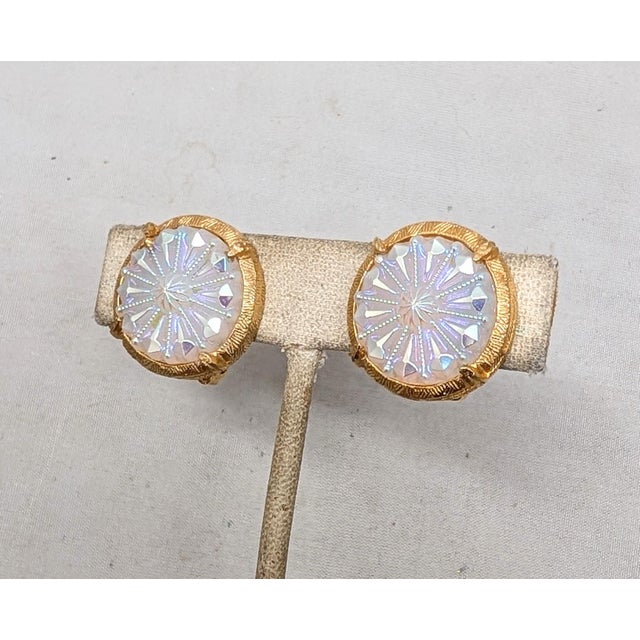 Vintage 1960s Signed Hobe Round Goldtone Iridescent Rhinestone Clip Earrings-2 Pieces For Sale - Image 4 of 7