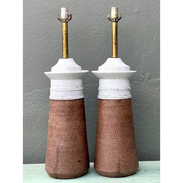 This sophisticated pair of table lamps beautifully encapsulates the textural and artisanal appeal of Mid-Century Modern...