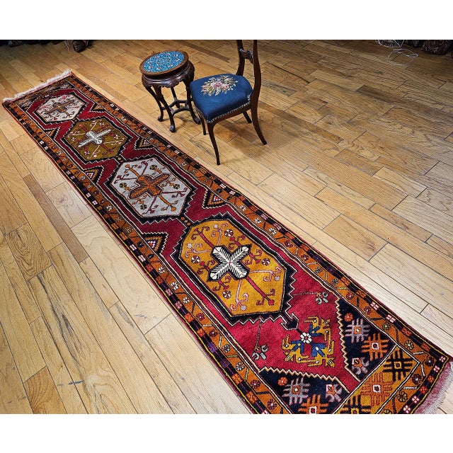 Vintage Turkish Oushak Runner, Handwoven Wool Pile, Geometric Pattern, 3' x 15' For Sale - Image 4 of 16