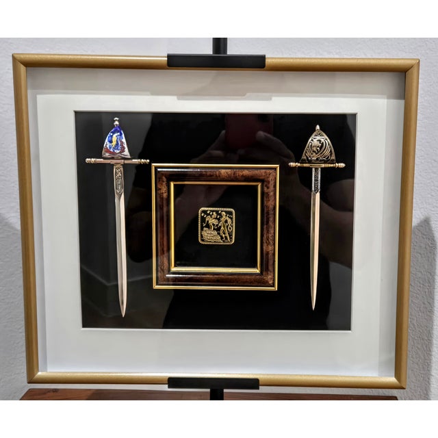 Elegant Spanish damascene wall piece featuring a central dancing couple plaque by Comercial Midas S.L. of Toledo, flanked...