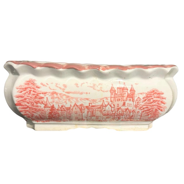 1980s Vintage Ceramic Rectangular Planter Plant Pot White Pink European City Design For Sale - Image 5 of 7