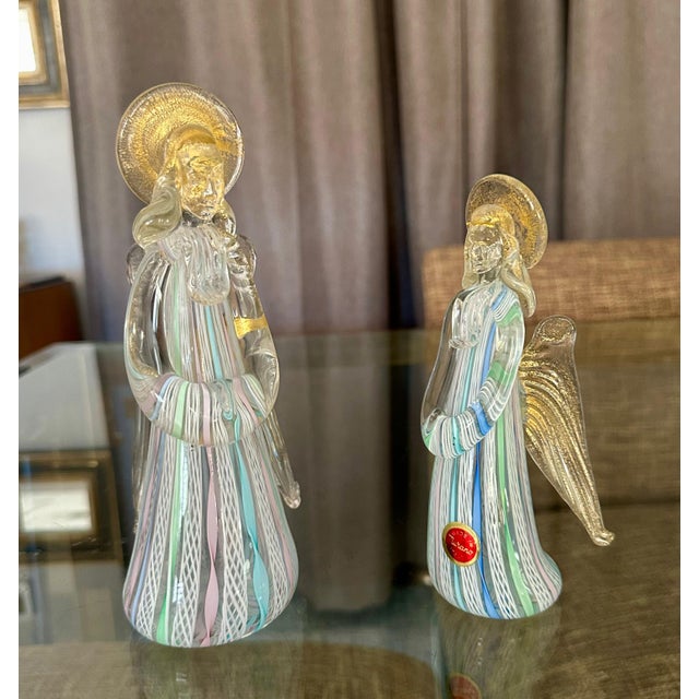 Pair of Murano Italian Venetian art glass Angel figurines, executed with latticino filigree (cane pattern) and gold...