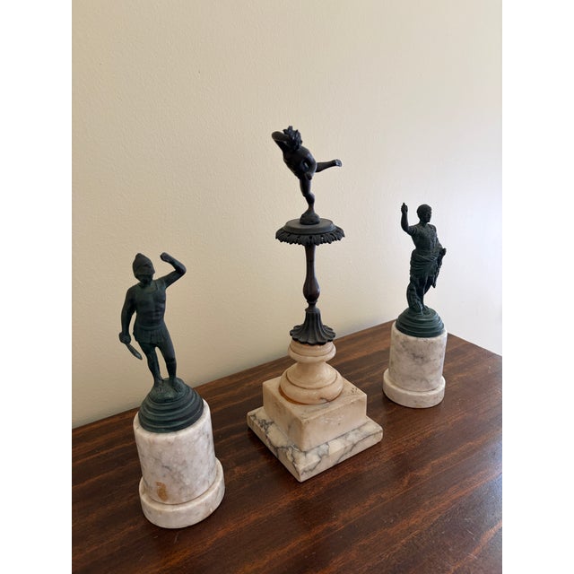 English Collection of Grand Tour Style Neoclassical Metal Figures on Marble Bases For Sale - Image 3 of 10