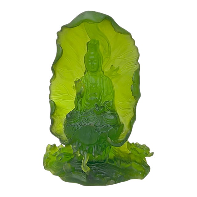 6.5" Lime Green Frosted Crystal Glass Bodhisattva Guanyin Figure For Sale