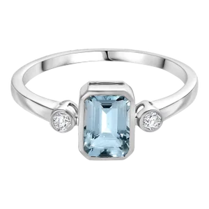 14k White Gold Aquamarine Diamond Three Stone Ring Size 6