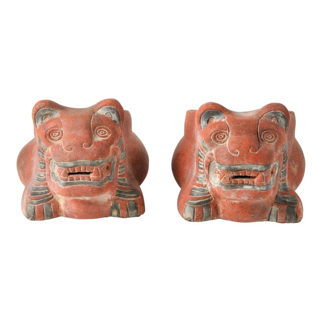 Vintage South American Folk Art Terracotta Jaguar Animal Planter Pair For Sale