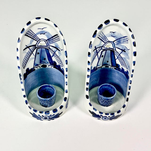 1950s Vintage Holland Delft Boho Chic Handpainted Candleholder Wall Sconces - A Pair. For Sale - Image 6 of 15