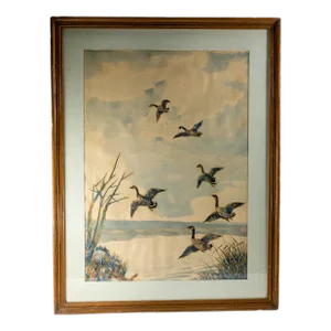 20th Century Mixed Media Stamp Collage and Watercolor Painting of Canadian Geese