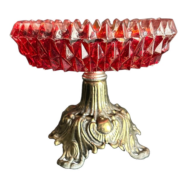 Vintage 1973 Brass Footed Ruby Red Diamond Cut Glass Compote Dish For Sale