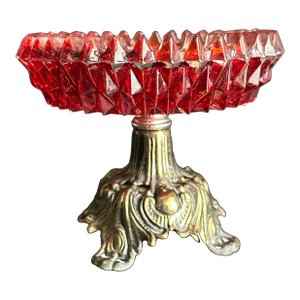 Vintage 1973 Brass Footed Ruby Red Diamond Cut Glass Compote Dish