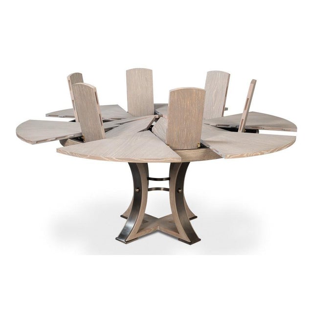 Transitional Round Dining Table, Medium - Grey Oak With Hammered Iron Accents For Sale - Image 4 of 11