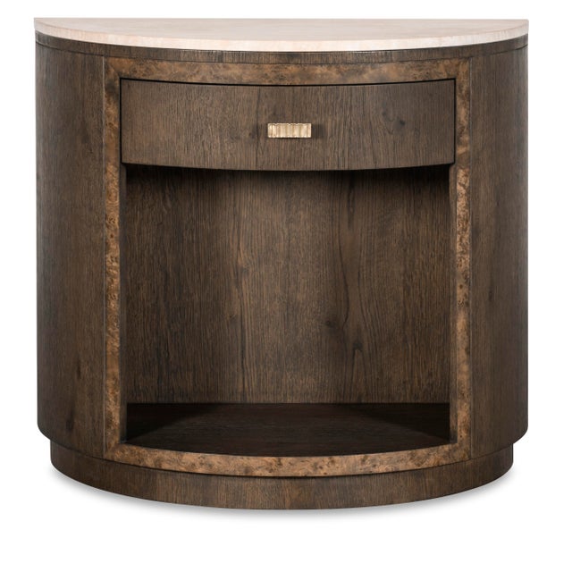 One soft-close drawer above open storage with aged bronze hardware pull<br>Lay on Travertine top