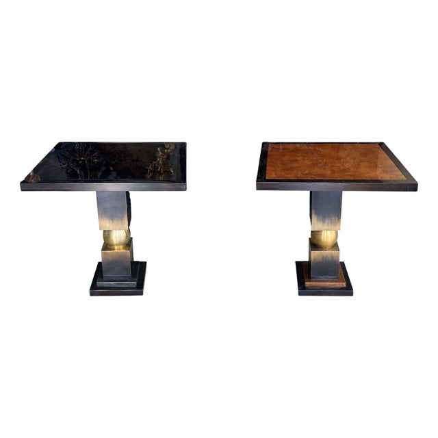 Pair of Italian Modern Two-Tone Parchment, Resin & Metal Side Tables. 1980's. For Sale