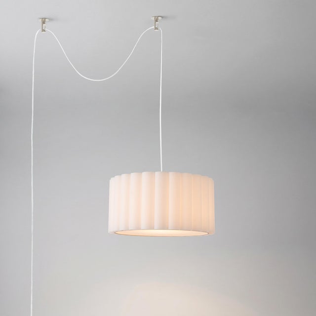 Nova Scallop 15"d Swag Kit - Drum White Linen Shade, Satin Nickel Steel Body & Base, Inline Dimmer For Sale - Image 4 of 5