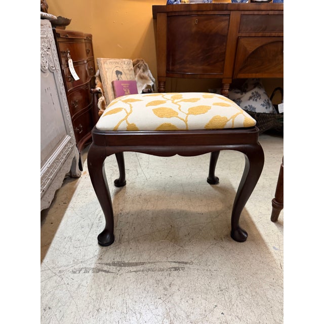Queen Anne Vintage Queen Anne Style Footstool Features Dark Wood Cabriole Legs With Pad Feet and an Off-White Cushion Upholstered in a Yellow Leaf Pattern For Sale - Image 3 of 8