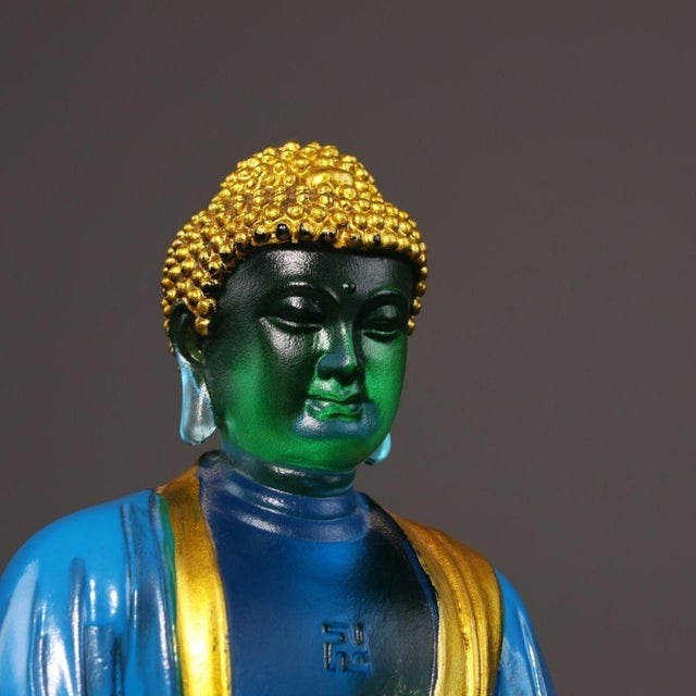 Blue Late 20th Century Gilt Painted Liuli Glass Seated Shakyamuni Buddha Sculpture on Lotus Base For Sale - Image 8 of 9