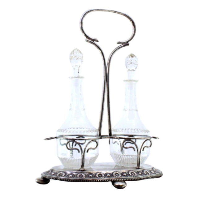 Glass Liqueur Set on Silver Frame with Embossed Floral Motifs and Round Feet, Set of 3 For Sale