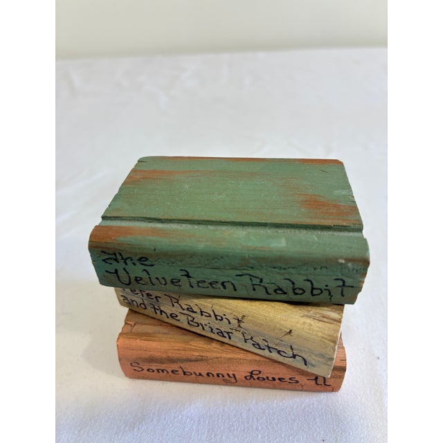 1960s Vintage Hand-Painted Wooden Bunny Book Stack Decor For Sale - Image 5 of 8
