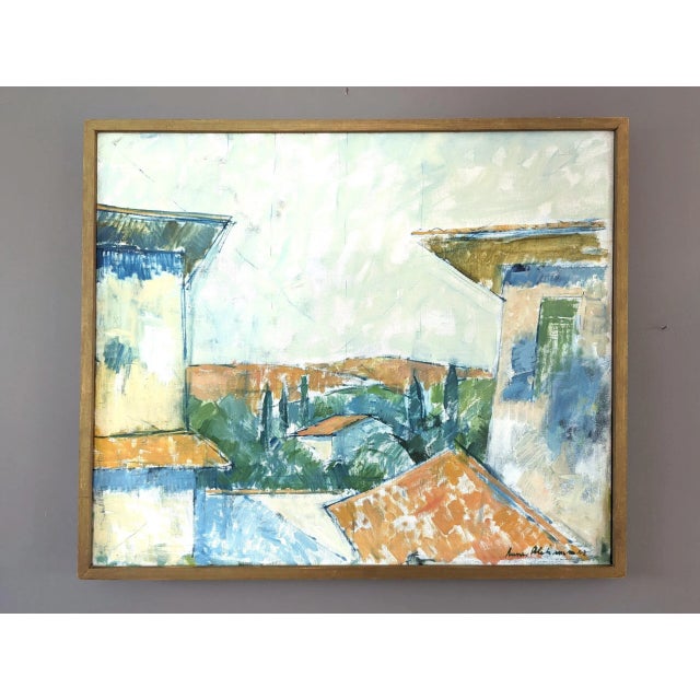 RUSTIC HOUSES Size: 57 x 67 cm (including frame) Oil on Canvas A wonderfully executed mid-century modernist style...