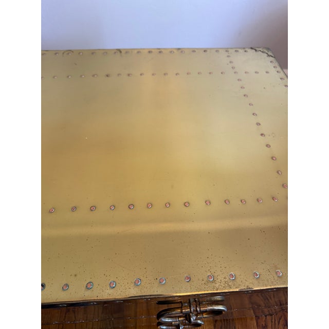 Brass Vintage Sarreid Ltd. Handcrafted in Spain Brass-Clad Campaign Coffee Table With Two Drawers and Glass Top For Sale - Image 8 of 12
