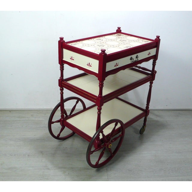 Red and Cream 3-Tier Serving Cart with Drawer, 1950s For Sale - Image 6 of 9