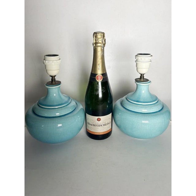 Vintage Blue Ceramic Table Lamps, France, 1970s, Set of 2 For Sale - Image 3 of 13