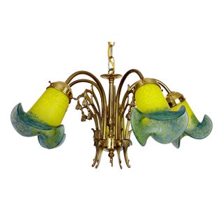 French Brass Pate De Verre Glass Five Light Chandelier, 1950s For Sale