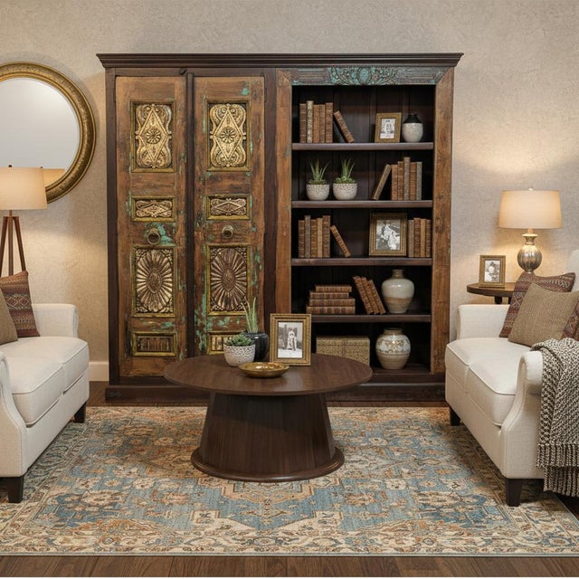 Dimensions: 92" W x 18" D x 85" H Make a bold statement with this extraordinary 92" wide solid wood bookcase armoire,...