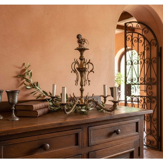 Early 20th Century Vintage Hollywood Regency Brass Chandelier 5 Light-Gothic Spanish Revival-as Is For Sale - Image 5 of 11