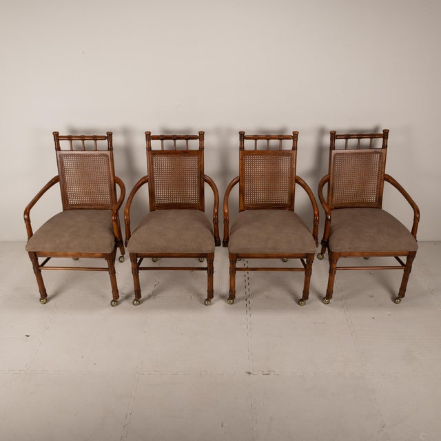 Stanley Furniture 1970s Vintage Stanley Furniture Co. Faux Bamboo Cane Back Rolling Arm Chairs - Set of 4 For Sale - Image 4 of 12