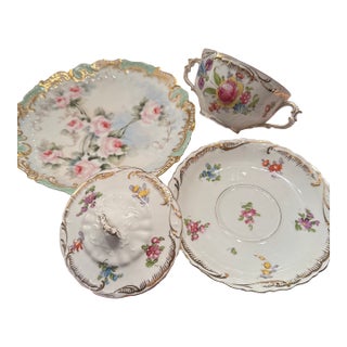 Antique Dresden Richard Klemm Lidded Bouillon Cup, Saucer, & Plate Trio — Two-Handled Tea/Soup Presentation Set For Sale