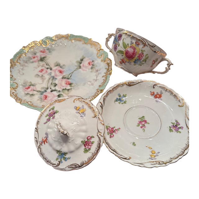 Antique Dresden Richard Klemm Lidded Bouillon Cup, Saucer, & Plate Trio — Two-Handled Tea/Soup Presentation Set For Sale