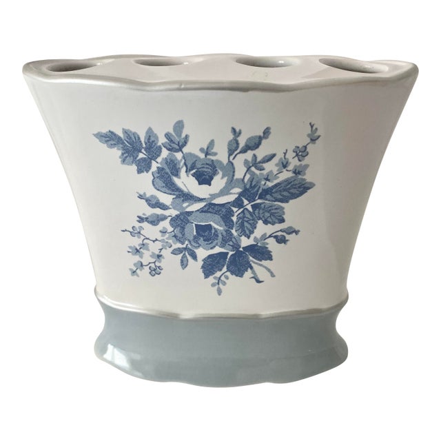 Vintage Laura Ashley "Sophia" Porcelain Toothbrush Holder With Blue Roses For Sale