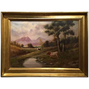 Italian Oil on Canvas by M Zampella, "Cows by Stream", Early 20th Century