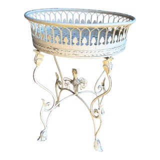 Vintage French Provincial Wrought Iron Round Plant Stand With Gallery Rim For Sale