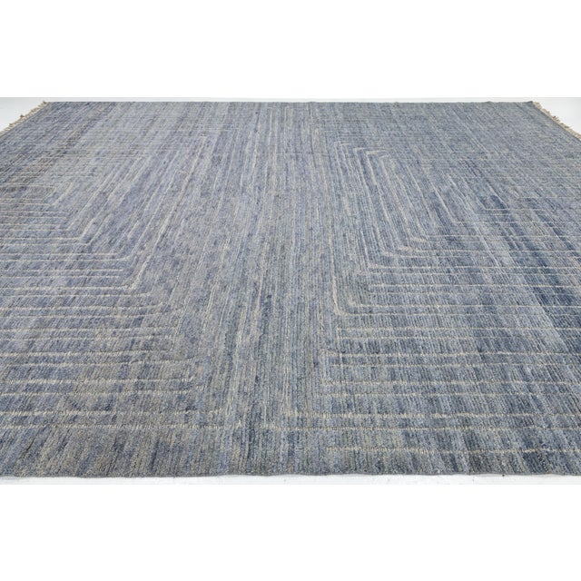 2010s Hand-Knotted Slate Blue Moroccan Wool Rug Modern Geometric Maze Design 12x16 For Sale - Image 5 of 10