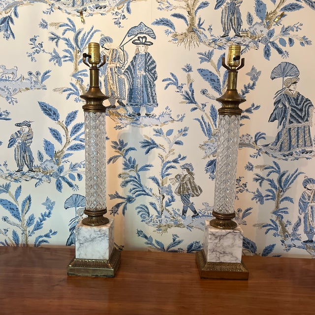 Vintage Neoclassical, Cut Crystal and Marble Column Lamps a Pair For Sale - Image 11 of 11