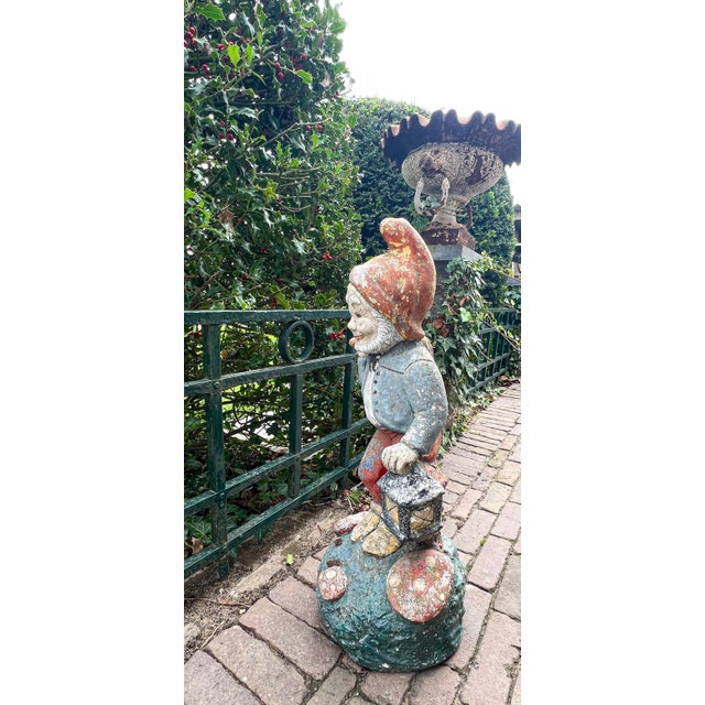 Vintage Concrete Garden Gnome with Weathered Polychrome Paint, 1950s For Sale - Image 9 of 13