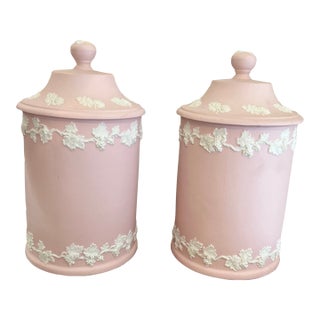 Vintage Pink Italian Jasperware Jars- A Pair For Sale