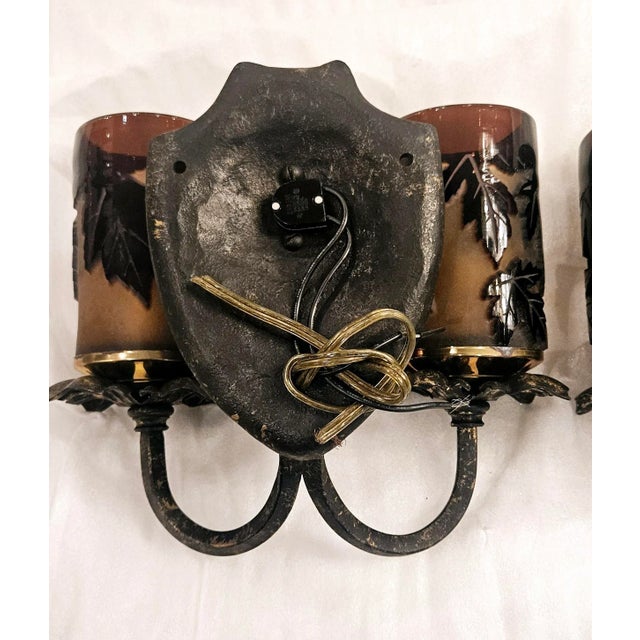 1990s 1990s Pilgrim Cameo Glass Double Light Sconces With Maple Leaves, a Pair For Sale - Image 5 of 12