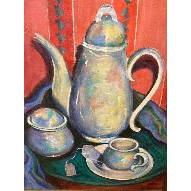 Wood 1990s Large Signed Teapot Still Life Painting by Linda Smith For Sale - Image 7 of 13